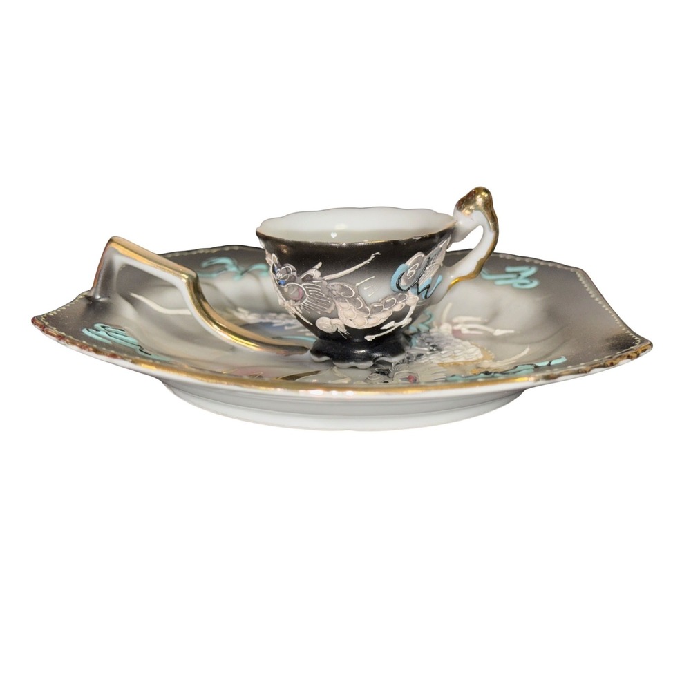 Vintage Acra China Japan Dragon Moriage Snack Set‎ Tray and Cup Black Gold Grey